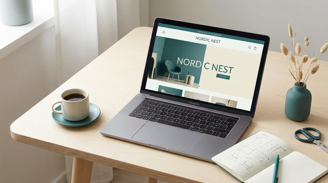 Nettside design vist på laptop i et skandinavisk kontormiljø